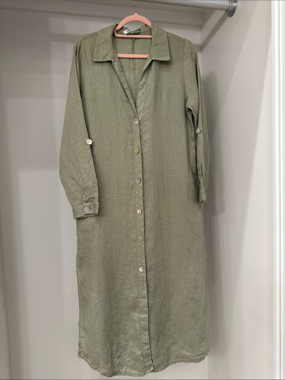 Zara xs Linen Button-Front Long Shirt Dress in Olive Green. Like new